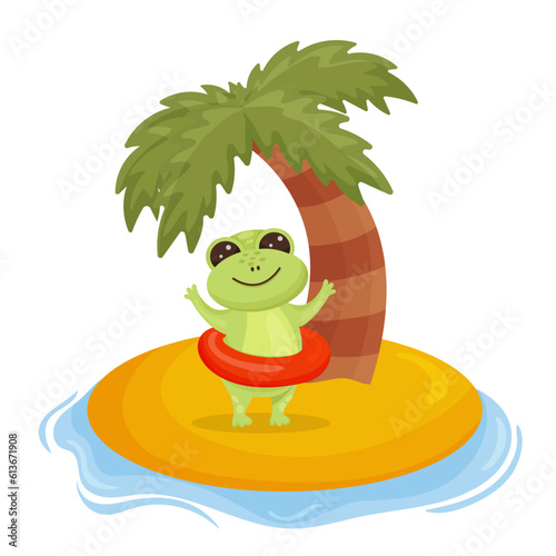 Cute happy frog with red swimming ring, standing and waiving on a background of palm tree and island. Vector clipart, on an isolated background, in cartoon style.