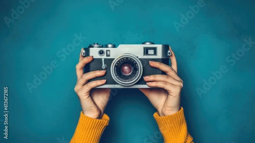 World Photographer's Day. Hold the retro camera in your hand on a neutral background. Printing on paper and textiles. Greeting cards for the holiday photos. generative ai