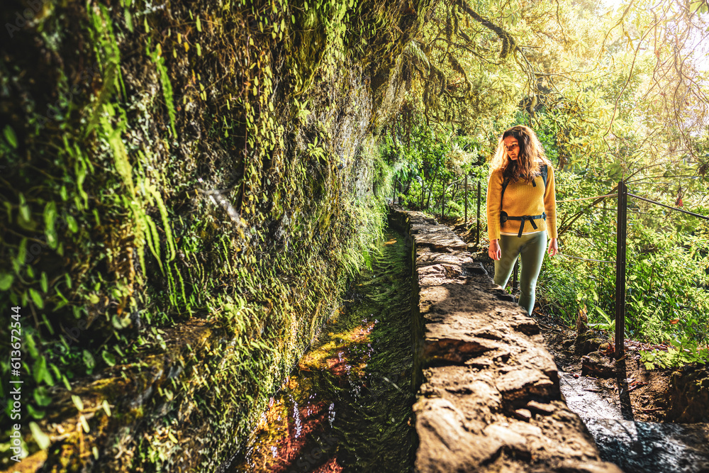 Tourist woman walking along jungle footpath next to water channel through Madeiran rainforest with beautiful sunny atmosphere. Levada of Caldeirão Verde, Madeira Island, Portugal, Europe.