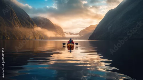 Obraz Kajakarz płynie w spokojnej zatoce między górami 