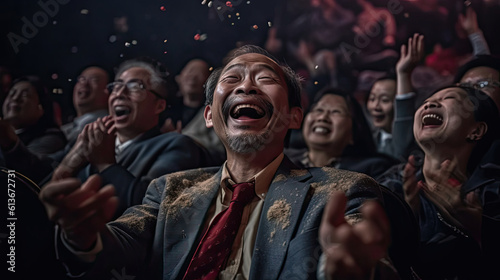 Szczęśliwi azjaci w podeszłym wieku siedzą w obiekcie kultury, opera, kino, teatr