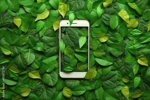 White smartphone with screen from green leaves at green background from green leaves. Eco friendly social media and mobile application. Generative AI