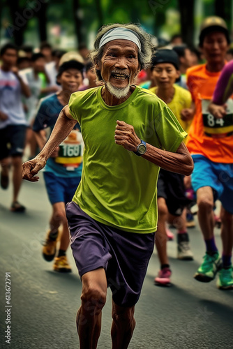 Wysportowany starszy azjata biegnie w maratonie 