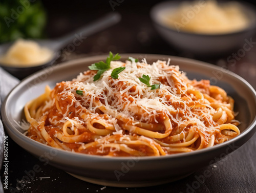 A bowl of creamy pasta with rich tomato sauce and grated Parmesan cheese.
