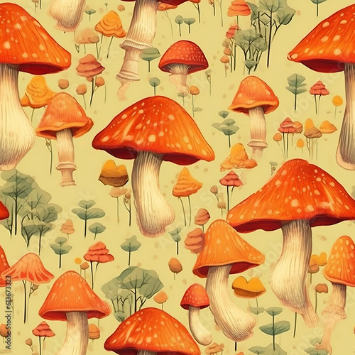 A group of red and white mushrooms on a green background. Generative AI.