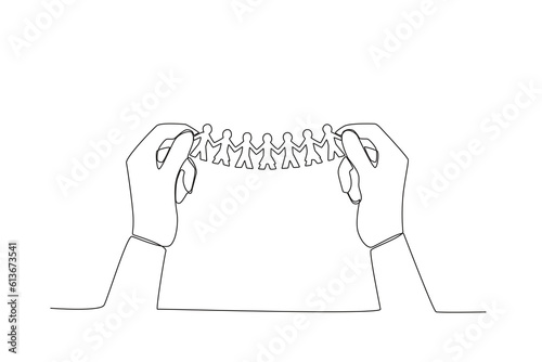 Human populations holding hands. World population day one-line drawing