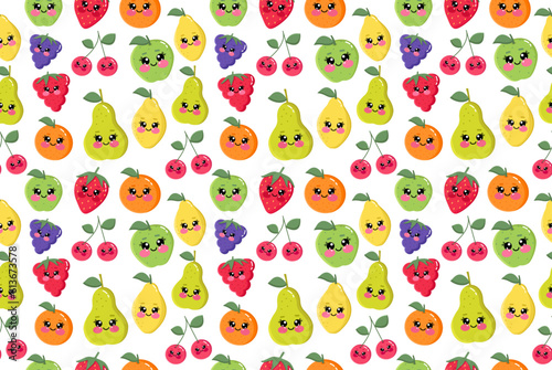 Cute kawaii fruits seamless pattern for kids on white isolated background