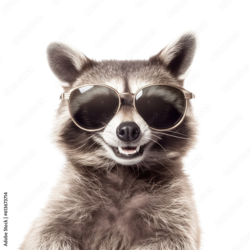 a raccoon, with sunglasses with a cheeky grin,  Fun-themed, photorealistic illustration in a PNG, cutout, and isolated. Generative AI
