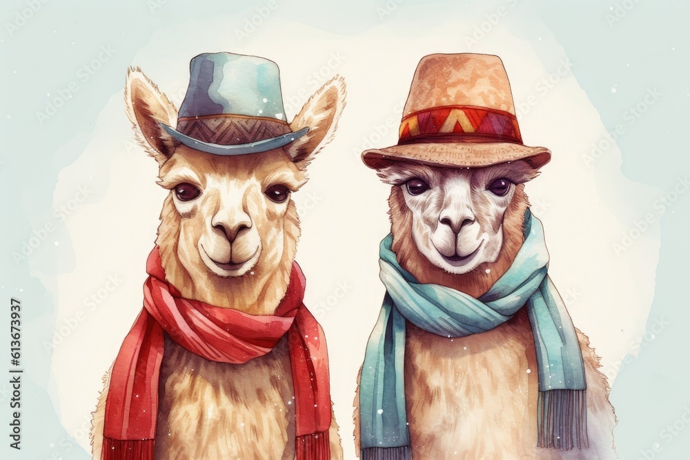 A charming cartoon illustration of alpacas wearing festive hats and scarves. Generative AI