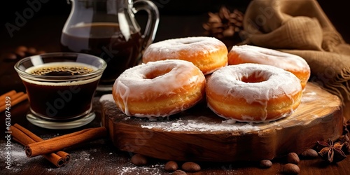 delicious Donuts with coffee in a Food-themed, horizontal format in JPG. Generative AI