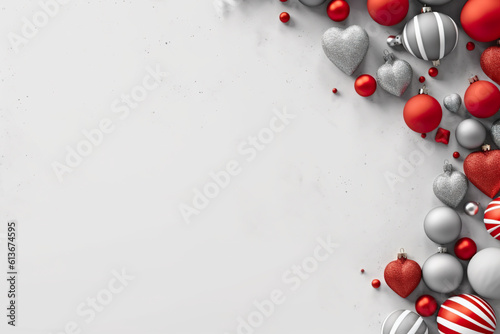 A group of red and silver christmas ornaments. Generative AI.