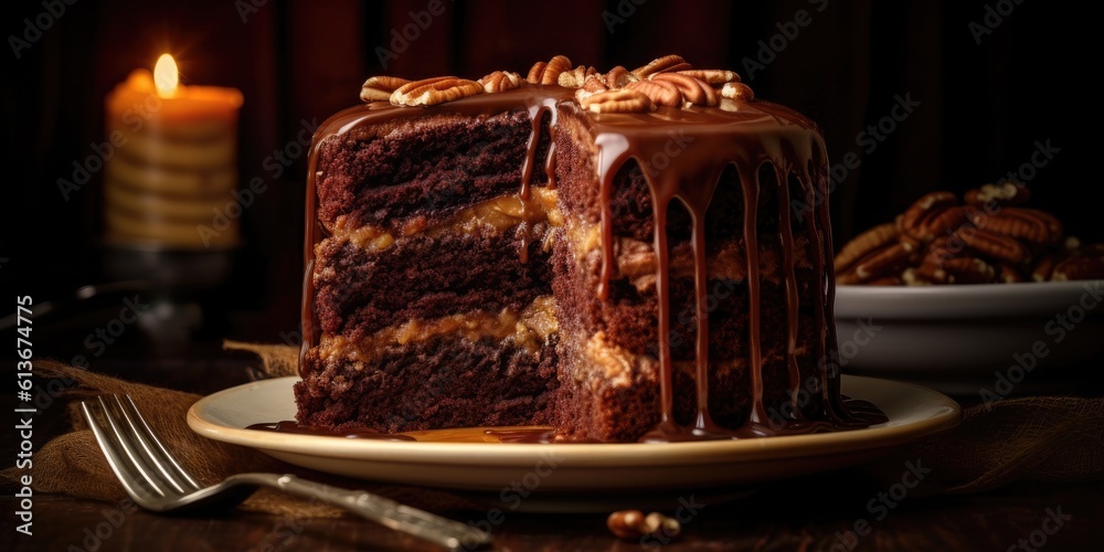 a Food-themed delicious German Chocolate Cake all set on a transparent background and provided in PNG. Generative AI