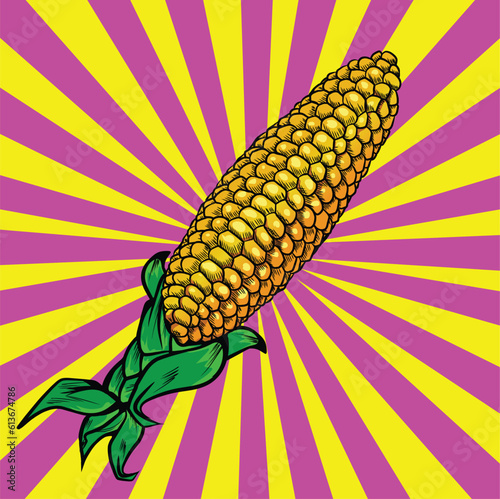 Corn vegetable vector Pop Art with leaves. Vegetarian and vegan cuisine vegetable and agriculture ripe harvest. Sweet corn maize object for grocery store, farmer market, packaging design. Comic book