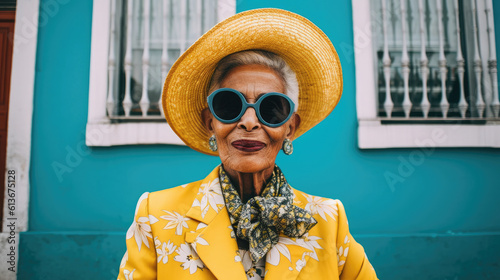 Starsza pani, elegancko ubrana, letni strój, zółty z niebieskimi okularami, w tle niebieski dom
