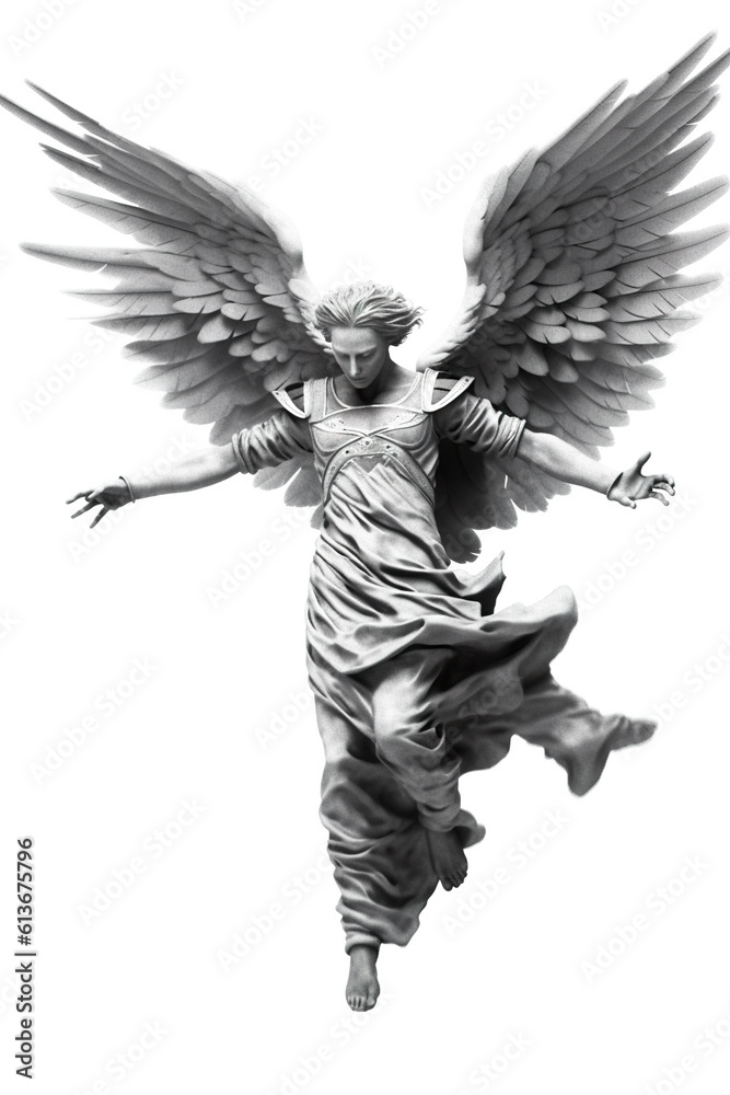 A black and white photo of a statue of an angel. Generative AI. A black and white photo of a statue of an angel. Generative AI.