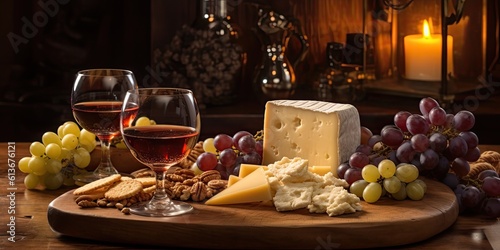 Vintage Wines and exotic cheeses with sumptuous grapes in a Food-themed, horizontal format in JPG. Generative AI