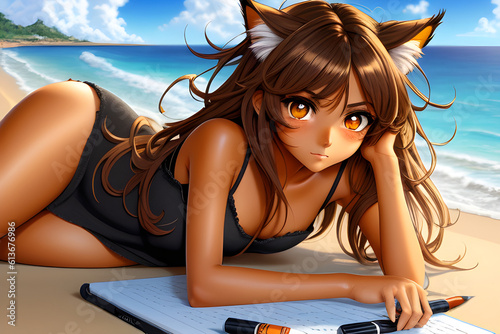 Menina de anime com orelhas de gato na praia  photo