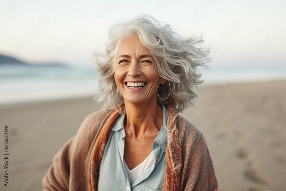Smiling attractive beautiful caucasian senior mature woman posing at the beach looking at the camera Smiling attractive beautiful caucasian senior mature woman posing at the beach looking at the camera