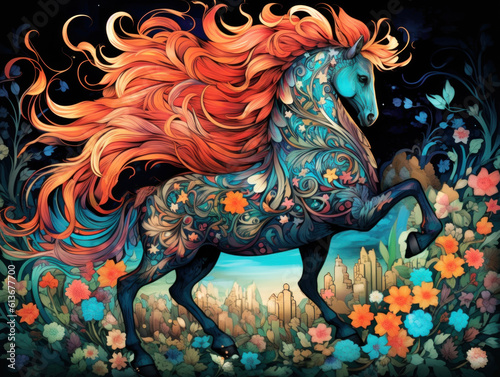 A painting of a horse in a field of flowers. Generative AI image. © Alexandr