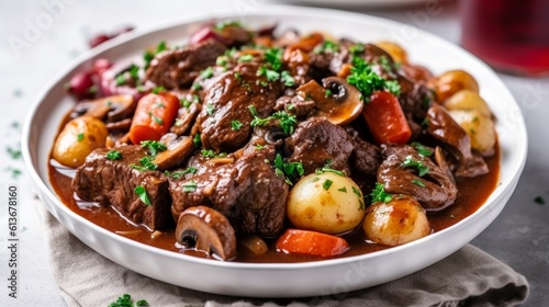 Top view of a Beef Bourguignon dish