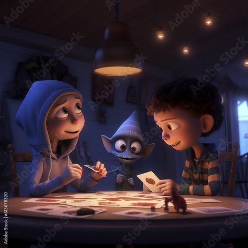 Boy, Girl, And Alien Sit Around Playing Cards photo