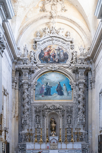 Four of the most beautiful churches in Lecce: Cathedral, Santa Croce, San Matteo, Santa Chiara. Details, frescoes, twisted columns and statues. Decorations of Lecce Baroque. View of cathedral crypt.