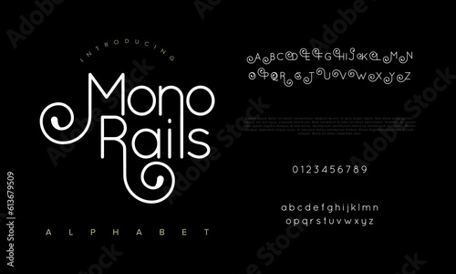 Monorails abstract digital technology logo font alphabet. Minimal modern urban fonts for logo, brand etc. Typography typeface uppercase lowercase and number. vector illustration