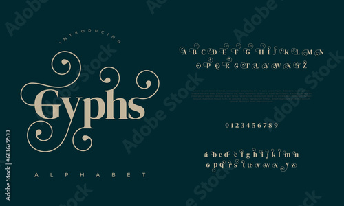 Gyphs elegant luxury abstract wedding fashion logo font alphabet. Minimal classic  urban fonts for logo, brand etc. Typography typeface uppercase lowercase and number. vector illustration