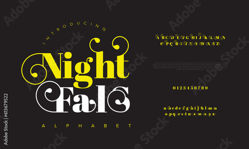 Nightfals elegant luxury abstract wedding fashion logo font alphabet. Minimal classic  urban fonts for logo, brand etc. Typography typeface uppercase lowercase and number. vector illustration