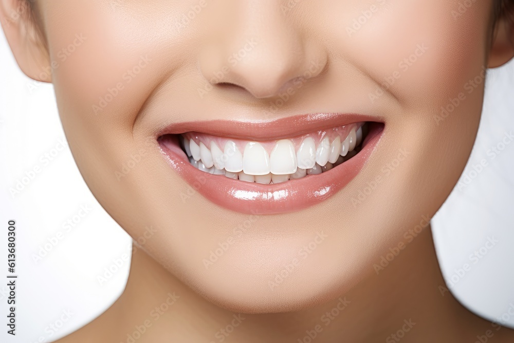 Fototapeta premium a close up photo of the lower part of a female face. beautiful cute smile with very clean perfect teeth. chin, nose and mouth visible. dental service advertisement. white background. Generative AI