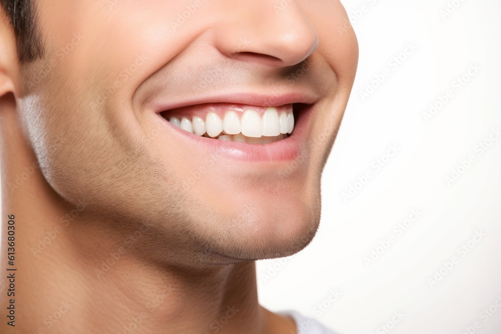 Obraz premium a close up photo of the lower part of a male face. handsome cute smile with very clean perfect teeth. chin, nose and mouth visible. dental service advertisement. white background. Generative AI