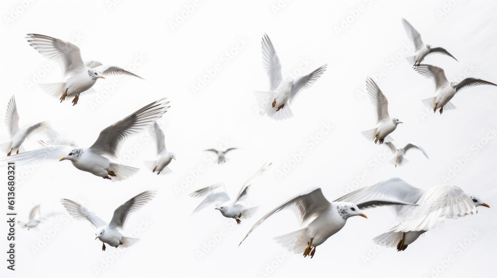 Obraz premium A flock of seagulls flying in the sky. Generative AI image.