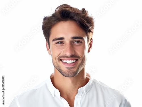 Print op canvas a closeup photo portrait of a handsome man smiling with clean teeth