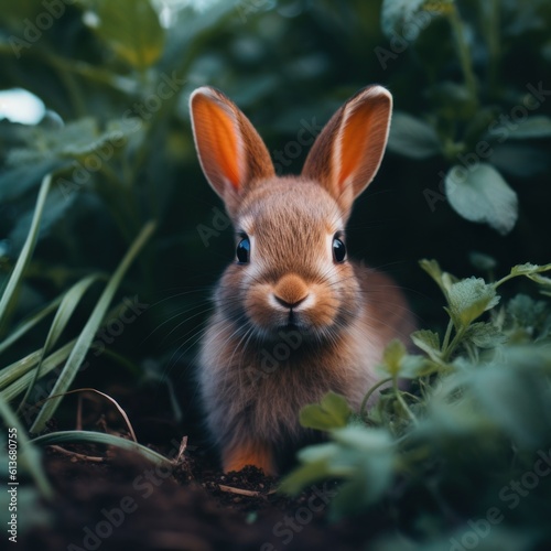 A small rabbit is sitting in the grass. Generative AI image. © Alexandr