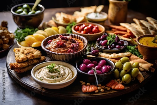 A lavish Arabic mezze spread featuring hummus, baba ganoush, falafel, and olives. photo