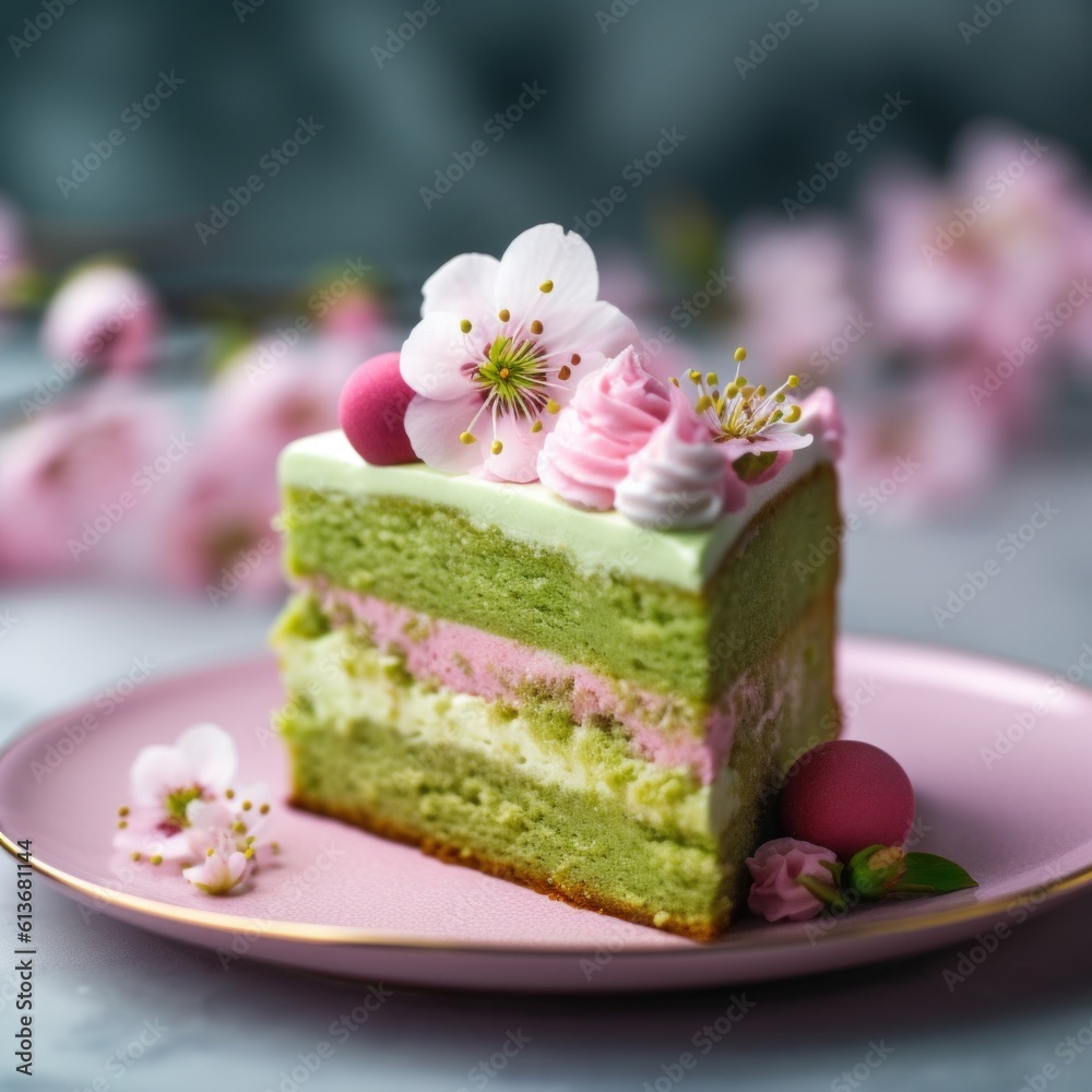 A piece of cake on a pink plate. Generative AI image. A piece of cake on a pink plate. Generative AI image.