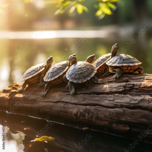 A group of turtles sitting on top of a log. Generative AI image.