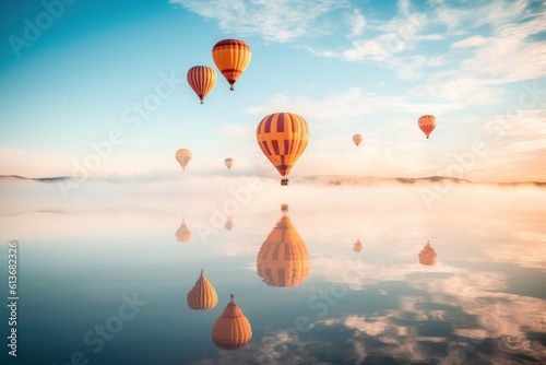 A group of hot air balloons flying over a lake. Generative AI image.