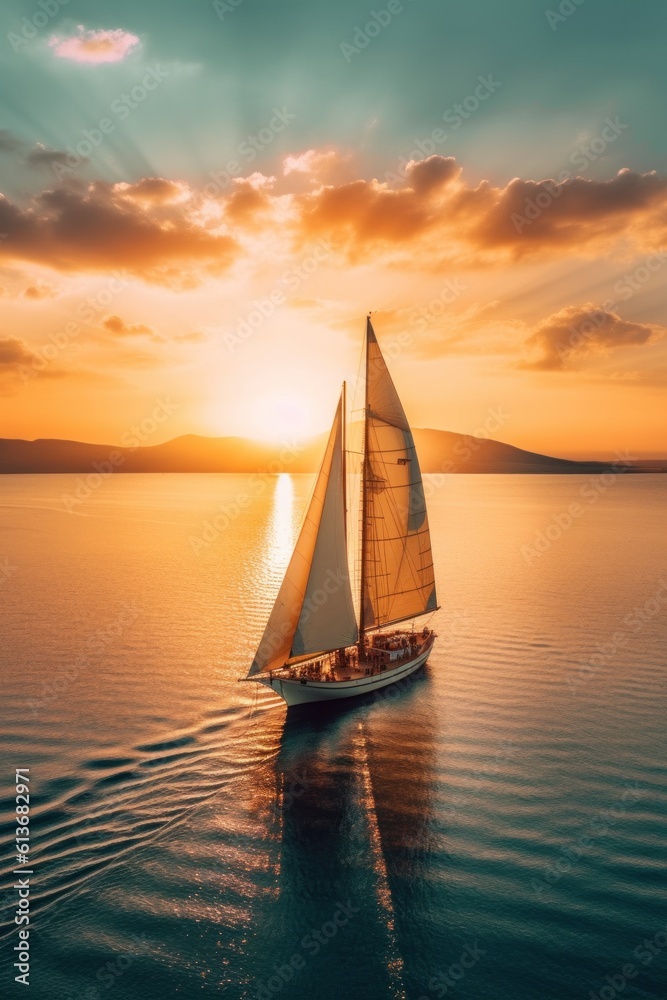 A sailboat sailing in the ocean at sunset. Generative AI image.