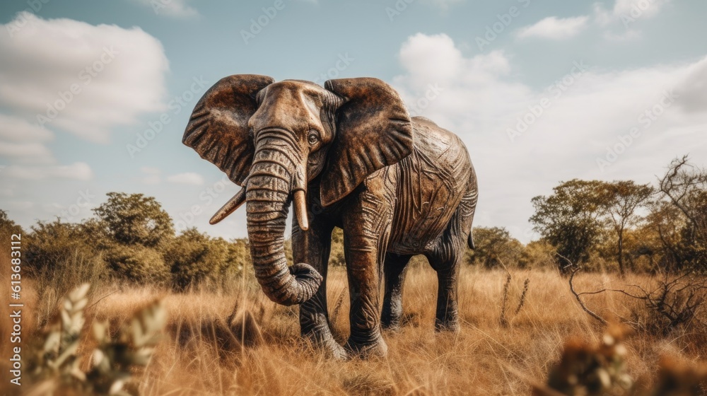 Fototapeta premium A statue of an elephant standing in a field. Generative AI image.