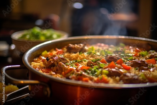 Fototapeta Naklejka Na Ścianę i Meble -  A mouthwatering Maqluba pot, displaying layers of succulent meat, fluffy rice, and golden veggies.
