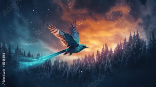 A bird flying in the sky over a forest. Generative AI image. © Alexandr