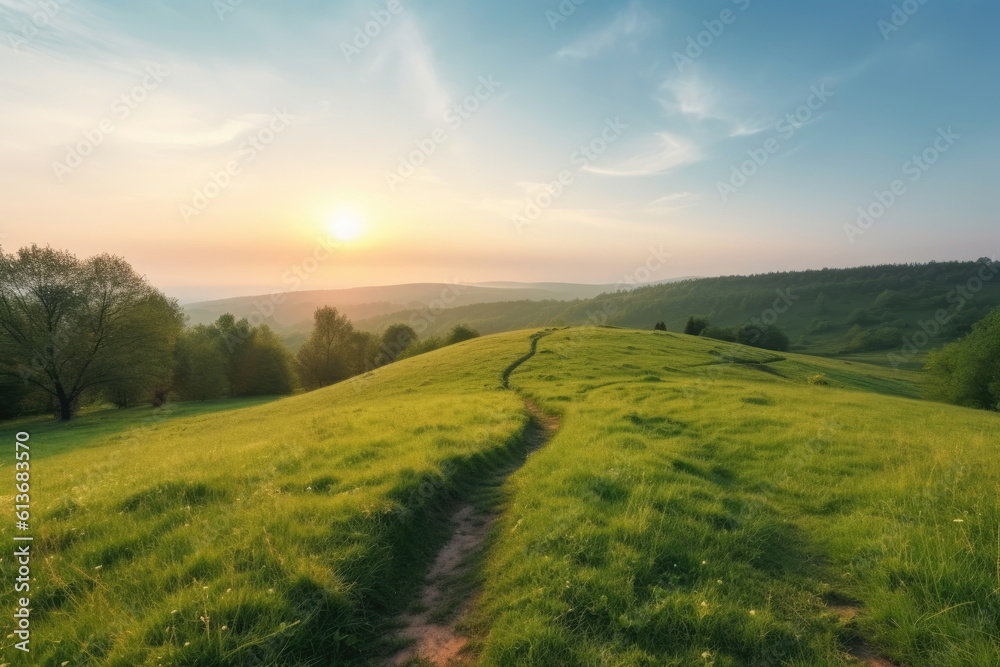 natural landscape with green grass field, spring summer landscape