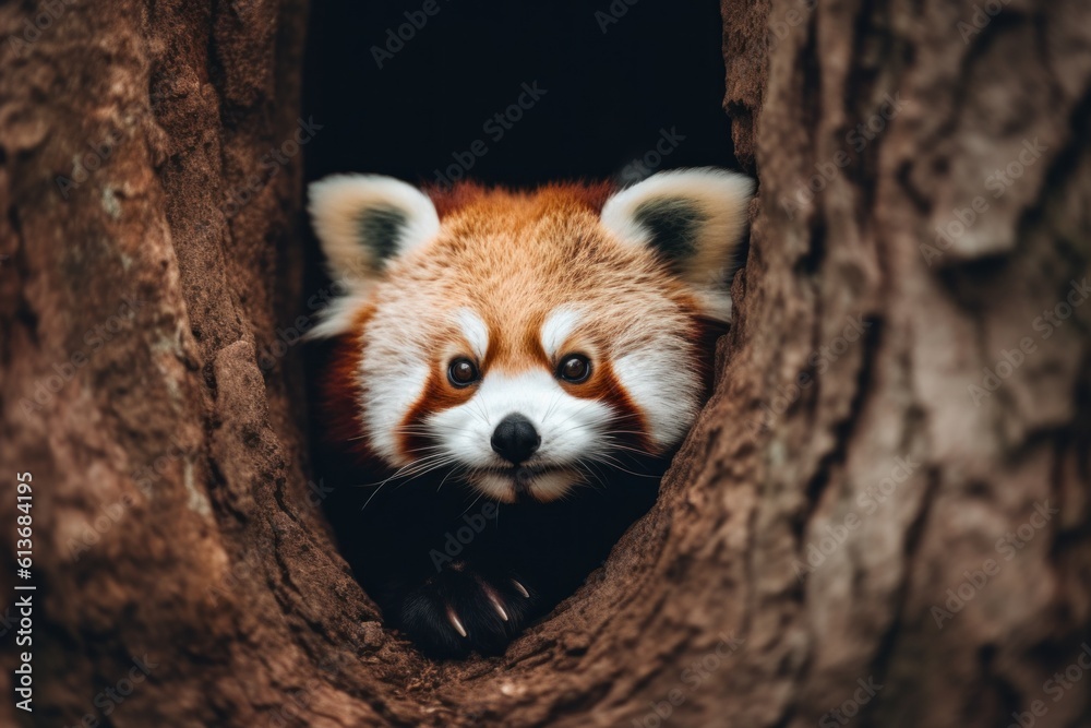 Fototapeta premium A red panda peeks out of a hole in a tree. Generative AI image.