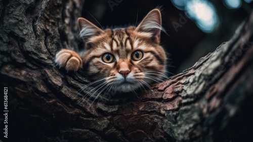 A cat sitting on top of a tree branch. Generative AI image.