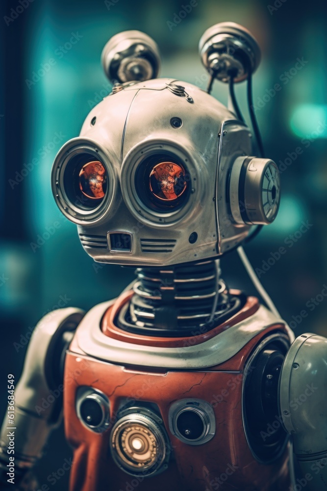 A close up of a toy robot on a table. Generative AI image. A close up of a toy robot on a table. Generative AI image.