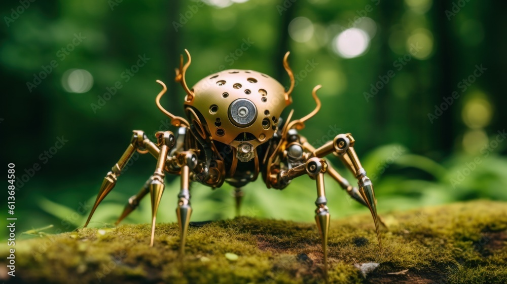 Fototapeta premium A close up of a spider on a mossy surface. Generative AI image.