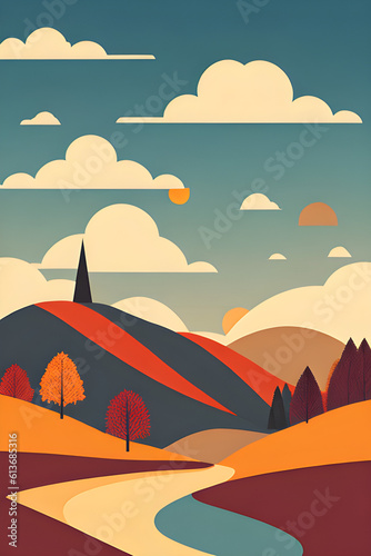 Image of a autumn landscape with trees and hills and clouds. Art deco minimalism art.  AI-generated fictional illustration  