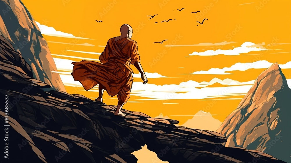 A monk challenging themselves to overcome an impossible obstacle. Fantasy concept , Illustration painting. - obrazy, fototapety, plakaty 