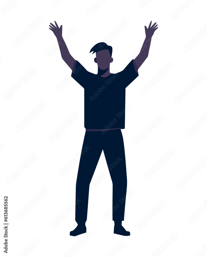 Silhouette man gesturing triumph with arms raised Silhouette man gesturing triumph with arms raised